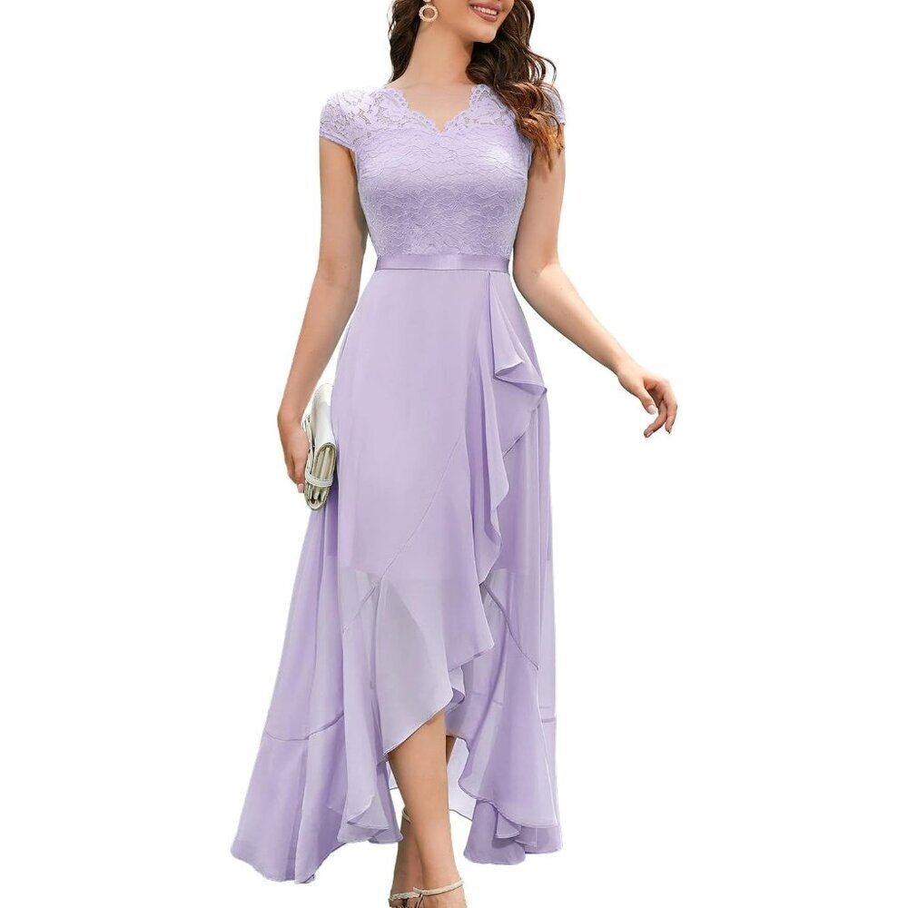 Women's Lavender V-Neck  Hi-Lo Floral Lace Prom Cocktail Party Formal Dress